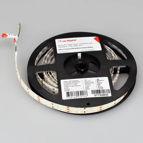 Лента светодиодная RT-A240-15mm 24V White-MIX (19.2 W/m, IP20, 2835, 5m) (Arlight, Изменяемая ЦТ)