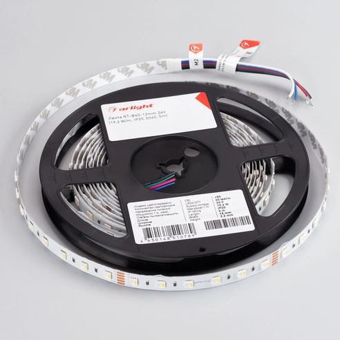 Лента светодиодная RT-B60-12mm 24V RGBW-White-4-in-1 (19.2 W/m, IP20, 5060, 5m) (Arlight, Открытый)