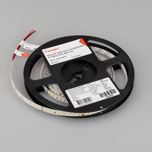 Лента светодиодная RT-A144-10mm 24V White6000 (7.7 W/m, IP20, 2835, 5m) (Arlight, высок.эфф.200 лм/Вт)
