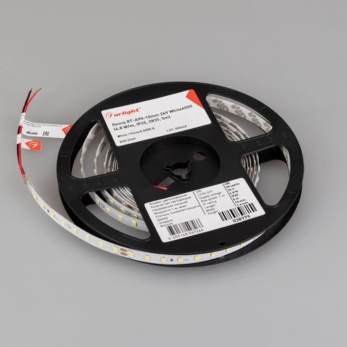 Лента светодиодная RT-A90-10mm 24V White6000 (4.8 W/m, IP20, 2835, 5m) (Arlight, высок.эфф.200 лм/Вт)