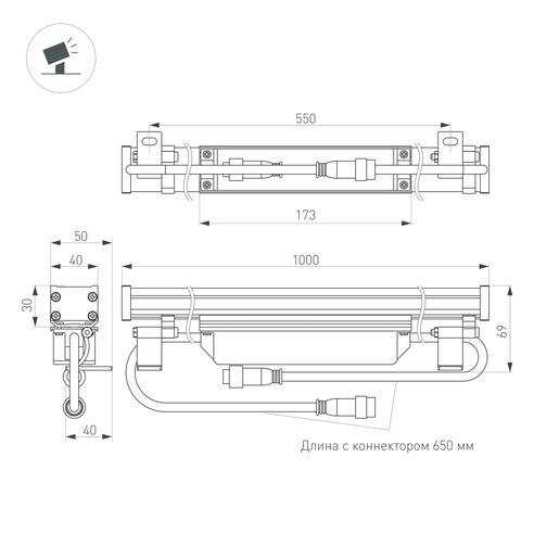Линейный прожектор AR-LINE-1000-12W Warm3000 (GR, 15x60 deg, 230V) (Arlight, IP65 Металл, 3 года)
