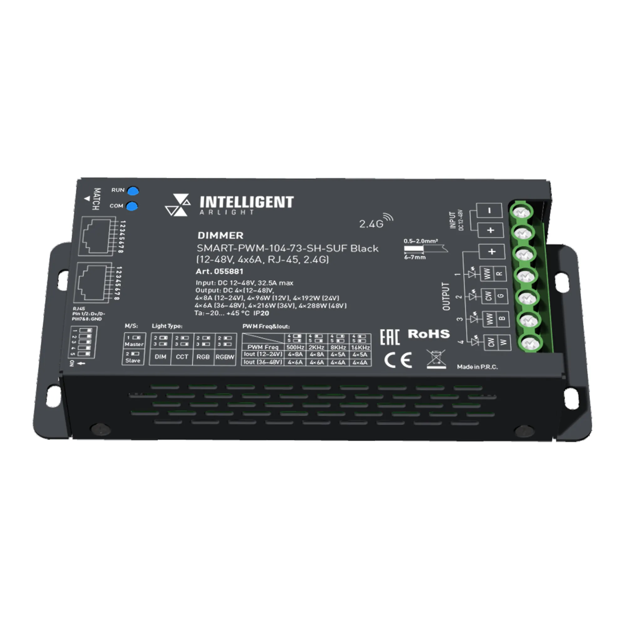 INTELLIGENT ARLIGHT Диммер SMART-PWM-104-73-SH-SUF Black (12-48V, 4x6A, RJ-45, 2.4G) (IARL, IP20 Металл, 5 лет) - изображение товара